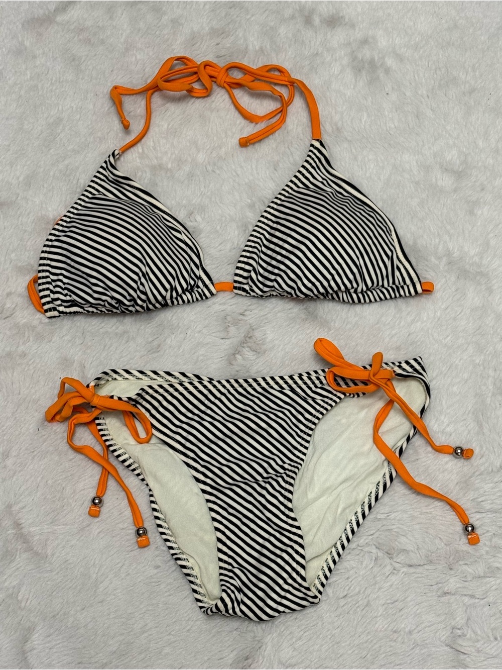 Women's Black & White Stripe Bikini with Orange Trim